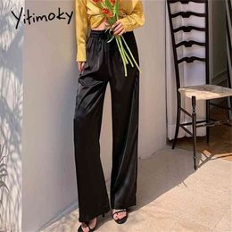 Yitimoky satijn zijden broek breed been losse trekkoord kantoor wit plus size zwarte elastische hoge taille broek 210915