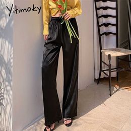 Yitimoky satijn zijde broek vrouwen wijde been losse trekkoord kantoor witte mode zwarte elastische hoge taille broek 211115