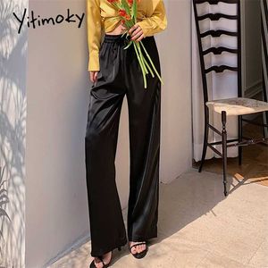 Yitimoky Satin Soie Pantalon Femmes Large Jambe Lâche Cordon Bureau Pantalon Blanc Mode Noir Élastique Taille Haute Pantalon 211112