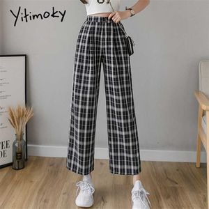 Yitimoky Vintage pantalon à carreaux femmes taille haute grande taille jambe large décontracté femme pantalon été Joggers vêtements Streetwear 211008