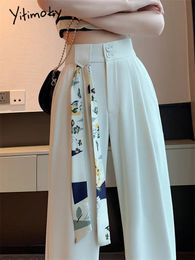 Yitimoky White High Tailed Pants voor vrouwen Spring Koreaanse mode knop Up Wide Leg Office Ladies Casual 240412