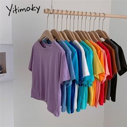 Yitimoky Femme T-shirts À Manches Courtes T-shirt Solide Violet Blanc Vert Tops Été Plus Taille Vêtements De Mode Coton Fille Nouveau 210330