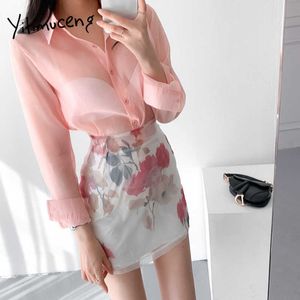 Yitimuceng 2 pièces ensembles femmes chemisier et jupes à imprimé floral à manches longues chemise mince mini jupe mode bureau dame été 210601