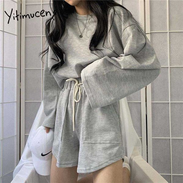 Yitimuceng 2 pièces T-shirts et shorts Femmes Costume Unicolor Lâche Chemises à manches longues Casual Court Summer Mode coréenne 210601