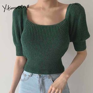 Yitimuceng backless t-shirts vrouw bandage sexy skinny Tee shirts bladerdeof mouw unicolor wit groen blauwe tops zomer tshirts 210601