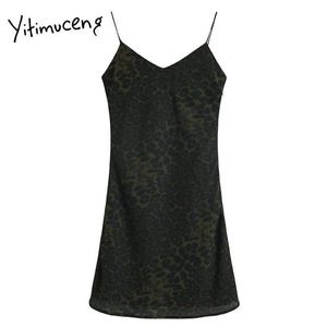 Yitimuceng Bandage Leopard Vintage Mini Mouwloze Hoge Taille Jurken Dames V-hals A-lijn Zomer Franse Mode Jurk 210601