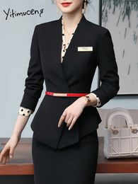 Yitimuceng Blazer falda trajes de mujer señora Oficina sólido elegante manga larga cubierto botón Formal Blazers Slim Classic 240202