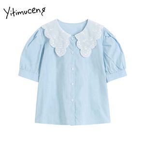 Yitimuceng Blouse femmes chemises boutonnées col claudine manches bouffantes droite solide bleu été coréen hauts à la mode 210601