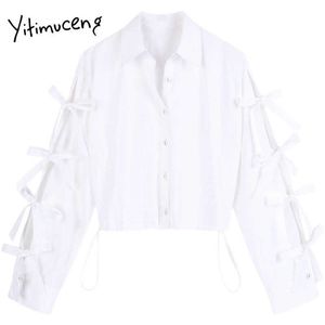 Yitimuceng Bouton Up Blouse Femmes Bow Lace Up Casual Col Turn-Down Chemises blanches Summer Fashion Vêtements Dames Tops 210601
