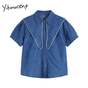 Yitimuceng boutonné Blouse femmes chemises droites manches bouffantes col marin unicolore bleu été coréen hauts à la mode 210601