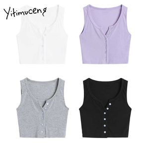 Yitimuceng button up crop tops vrouwen sexy cami koreaanse mode tank top wit grijs zwart paarse kleding zomer gebreide 210601