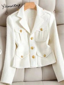 Yitimuceng Chaquetas abotonadas para mujer Otoño Invierno Oficina Señoras Abrigos con cuello vuelto Chaqueta de tweed de manga larga vintage 240307