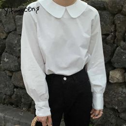 Yitimuceng casual blouse vrouwen oversized knop shirts Koreaanse mode shirt mouw massief wit blauwe tops lente zomer 210601
