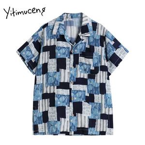 Yitimuceng, blusa de Color en contraste, camisas abotonadas para mujer, camisetas de manga corta de moda coreana de verano azul con cuello en V de gran tamaño 210601