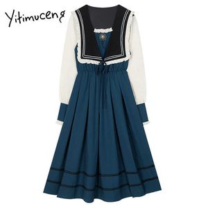 Yitimuceng Jurken Patchwork Spring Button Rits Sailor Collar Lange Mouw Jurk Dames Franse Kleding Kantoor Dame 210601