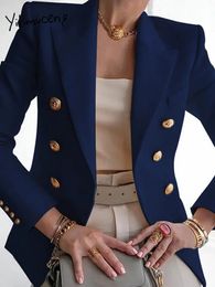 Yitimuceng-Chaqueta elegante para mujer, moda de oficina de otoño, trajes con muescas de manga larga y doble botonadura, chaquetas largas informales ajustadas 240223
