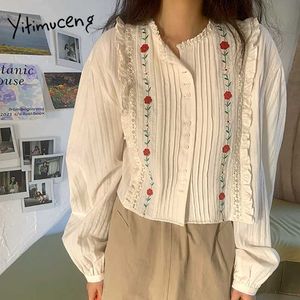 Yitimuceng borduurwerk blouse vrouwen knop omhoog shirts abrikoos marine bladerdeeg mouw kleding lente zomer koreaanse mode tops 210601