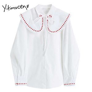 Yitimuceng borduurwerk blouse vrouwen shirts Peter pan kraag kleding solide witte zomer Koreaanse mode kantoor dame tops 210601