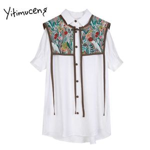 Yitimuceng borduurwerk patchwork shirt jurk vrouwen witte lente v-hals halve single breasted vintage kledingkantoor dame 210601