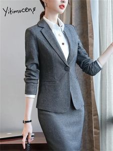 Yitimuceng Mode Formele Rok Past Vrouwen Kantoor Ladeis Enkele Knop Lange Mouw Blazer Hoge Taille Mini 2 Delige Set 240226