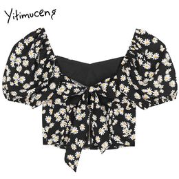 Yitimuceng Estampado floral Arco Lace Up Blusa Mujeres Off Hombro Top Verano Moda Slash Cuello Puff Manga Camisas cortas 210601