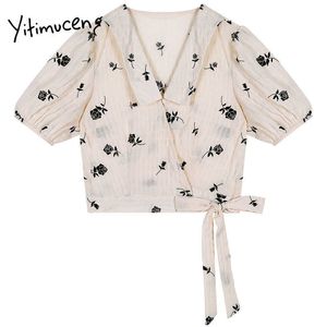 Yitimuceng Floral Print Bow Lace Up Vintage Blouse Dames Folds Shirts Spring Puff Sleeve V-hals korte mouw tops 210601