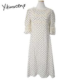 Yitimuceng robes à imprimé floral pour femmes dentelle taille haute manches bouffantes robe d'été blanche mode coréenne Boho robe mi-longue 210601