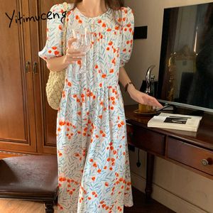 Yitimuceng bloemen print jurken voor vrouwen zomer vouwen oversized midi jurk korte bladerdeeg mode mode blauw geel roze 210601