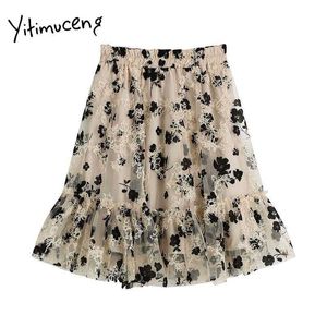 Yitimuceng Floral Print Rok Dames Muskin Splicing Midi Hoge Taille A-lijn Kleding Zomer Koreaanse Mode Tutu Rokken 210601