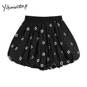 Yitimuceng, pantalones cortos florales para mujer, faldas de verano fruncidas de gran tamaño, cintura elástica, ropa negra, moda coreana, ropa de calle 210601