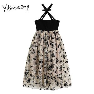 Yitimuceng gaas jurken vrouwen spaghetti riem zomer patchwork strapless a-line mini hoge taille mode zoete jurk 210601