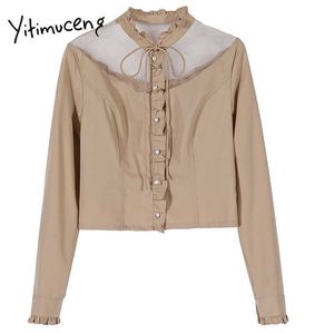 Yitimuceng gaas patchwork boog lace up blouse vrouwen shirts losse solide lente mode lange mouw enkele breasted tops 210601