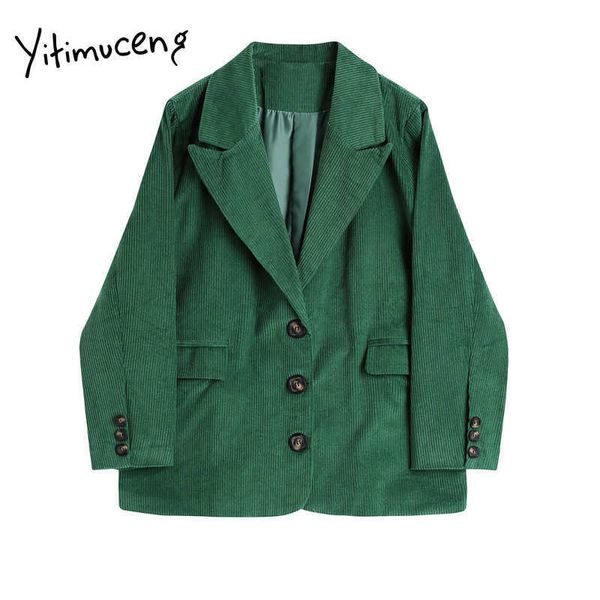 Yitimuceng vert Blazer femmes velours côtelé costumes veste vêtements d'hiver automne manteaux filles bureau dame simple boutonnage cranté 210601