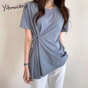 Yitimuceng Onregelmatige T-shirts Vrouw Button Up Tees Korte Mouw Unicolor Wit Blauw Tops Zomer Eenvoudige Stijl Tshirts 210601