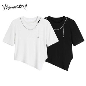 Yitimuceng irrégulière t-shirts femme chaîne maigre à manches courtes t-shirts unicolore blanc noir hauts été mode t-shirts 210601