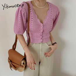 Yitimuceng Knited Women Sweaters Hollow Out Button Up Rechte korte Puff Sheeve Zomer Koreaanse Mode Wit Roze Tops 210601