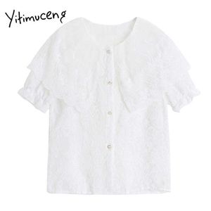 Yitimuceng Lace Blouse Dames Button Up Chiffon Shirts O-hals Puff Sleeve Solid White Clothes Summer Fashion Sweet Tops 210601