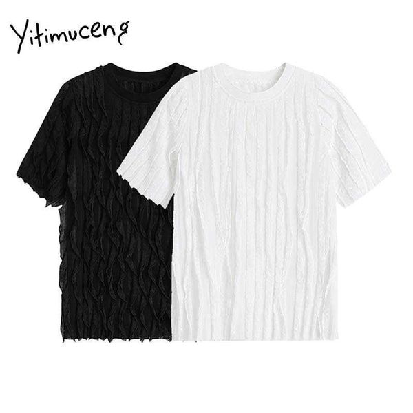 Yitimuceng Dentelle T-shirts Femme Casual Droite Manches Courtes T-shirts Unicolore Blanc Noir Tops D'été Mode Coréenne T-shirts 210601