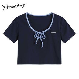 Yitimuceng Lace Up T-shirts Femme Tricoté Hollow Out Tops Crop Tops Skinny O-Cou Harajuku Bleu Summer Fashion T-shirts 210601
