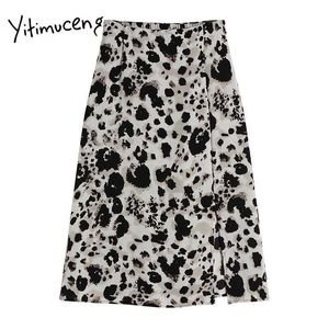 Yitimuceng Leopard jupe femme vintage fendue fourche bureau dame jupes mailles haute taille A-ligne vêtements été la mode coréenne 210601