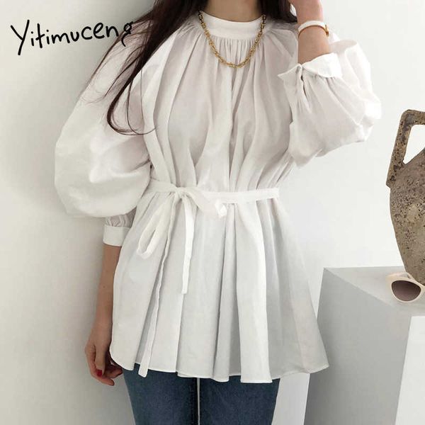 Yitimuceng longue Blouse femmes surdimensionné à lacets poupée chemises mode coréenne lanterne manches noir blanc printemps été hauts 210601