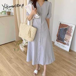 Yitimuceng Maxi Jurken voor Vrouwen Oversize Hoge Taille Unicolor Blue Sundress Summer Korean Fashion Simple Style Dress 210601