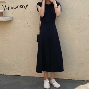 Yitimuceng Midi Jurken voor Vrouwen Koreaanse Mode Cut Out Button Up Simple Jurk Korte Mouw Kantoor Dame Black Summer 210601