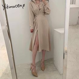 Yitimuceng Midi Robes Femmes Bandage Split Fourche Robe Taille Haute Beige Vert Clair Noir Vêtements Printemps Mode Coréenne 210601