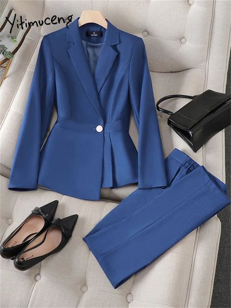 Yiticung Office dames pantalons formels costumes femmes coréen mode simple poitrine blazer haute taille 2 pièces 240319