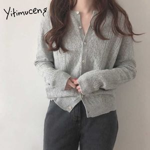 Yitimuceng Open Stitch Femmes Chandails Découpés Bouton Droit Printemps Été Blanc Gris Mode Coréenne Tricoté Tops 210601