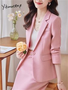 Yitimuceng Roze 2 Stuk Sets voor Vrouwen Office Dames Enkele Knop Turn Down Kraag Blazers Elegante Midi Rok Past 240309