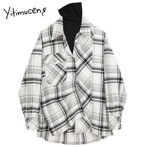 Yitimuceng Plaid 2 pièces Blouse Femmes Chemises boutonnées Lâche Printemps Manches longues Col rabattu Tops à poitrine unique 210601