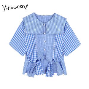 Yitimuceng Chemisier à carreaux Femmes Boutonné Chemises courtes Col marin Droit Bleu Vêtements Été Coréen Mode Tops 210601