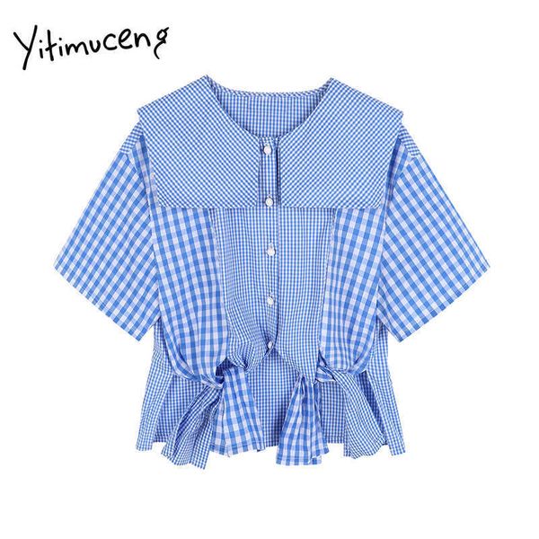 Yitimuceng Chemisier à carreaux Femmes Boutonné Chemises courtes Col marin Droit Bleu Vêtements Été Coréen Mode Tops 210601